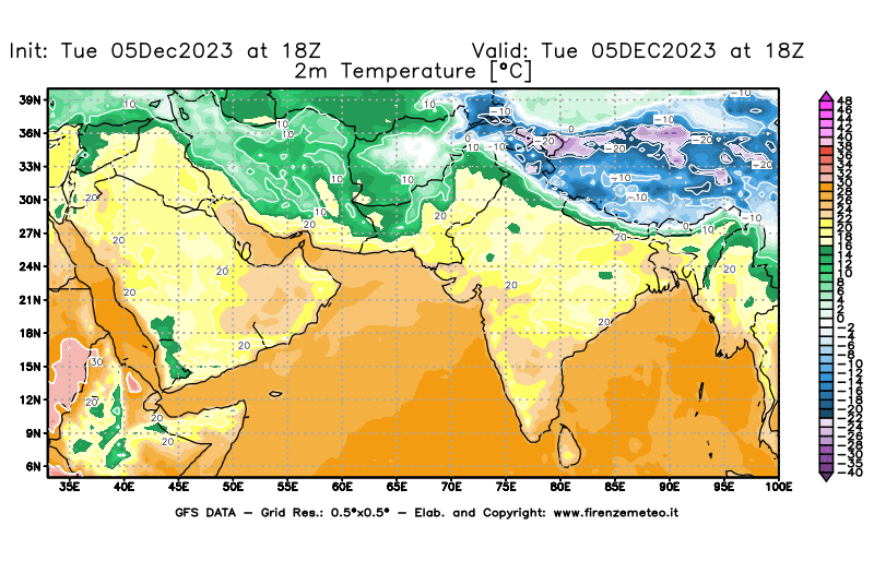 GFS analysi map - Temperature at 2 m above ground in South West Asia 
									on December 5, 2023 H18