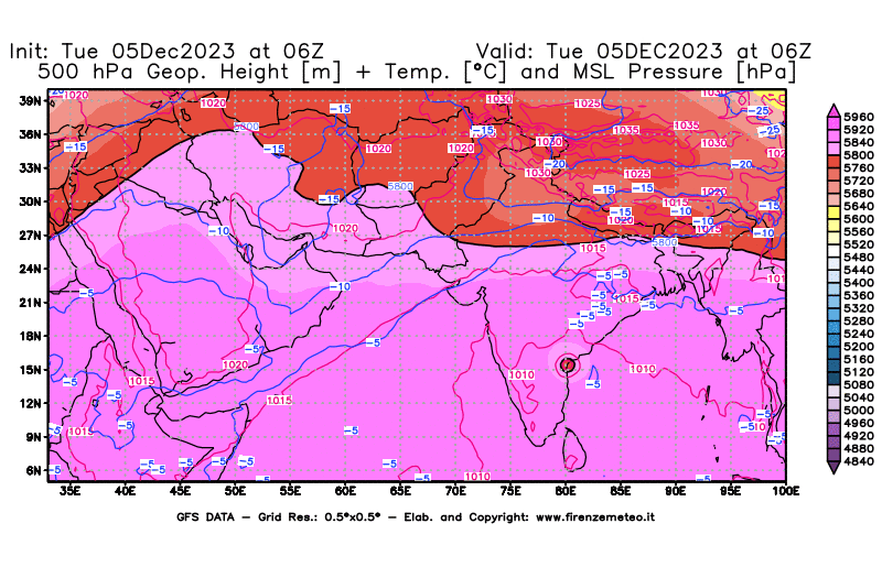 GFS analysi map - Geopotential + Temp. at 500 hPa + Sea Level Pressure in South West Asia 
									on December 5, 2023 H06