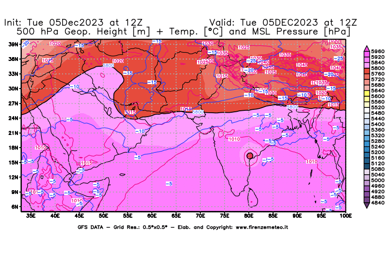 GFS analysi map - Geopotential + Temp. at 500 hPa + Sea Level Pressure in South West Asia 
									on December 5, 2023 H12