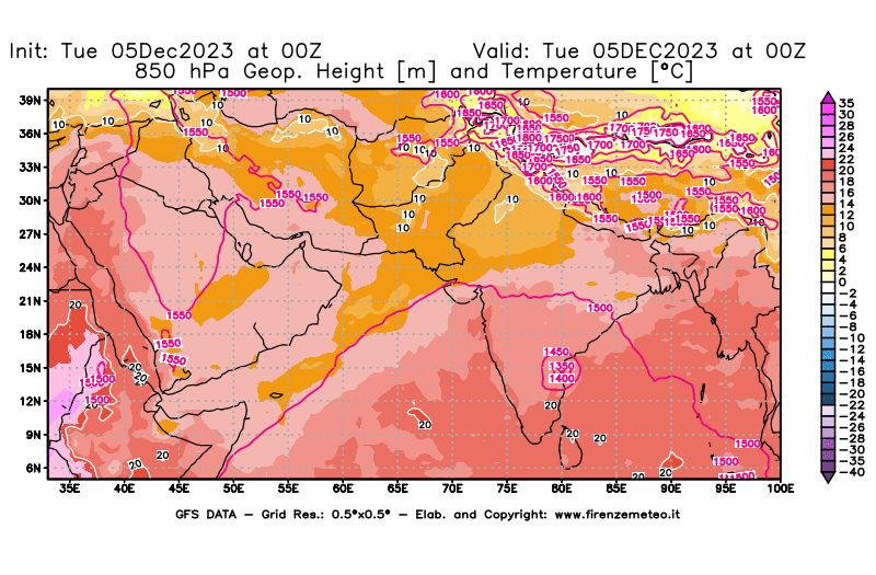 GFS analysi map - Geopotential and Temperature at 850 hPa in South West Asia 
									on December 5, 2023 H00