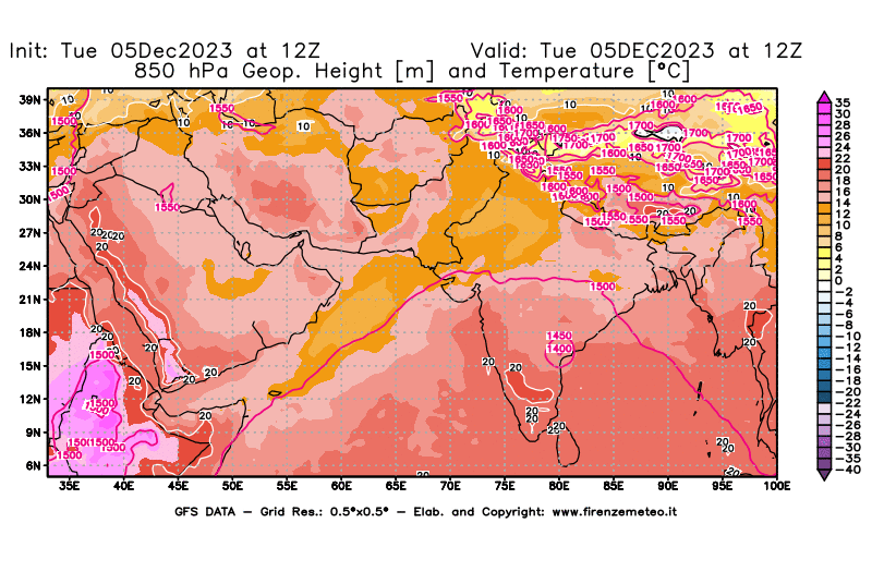GFS analysi map - Geopotential and Temperature at 850 hPa in South West Asia 
									on December 5, 2023 H12