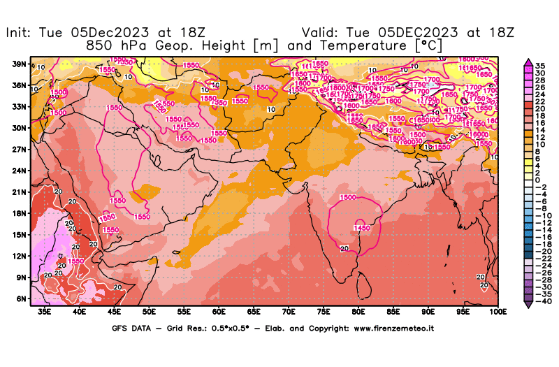 GFS analysi map - Geopotential and Temperature at 850 hPa in South West Asia 
									on December 5, 2023 H18