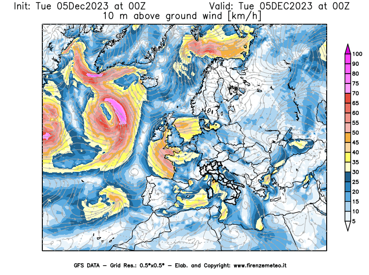 GFS analysi map - Wind Speed at 10 m above ground in Europe
									on December 5, 2023 H00