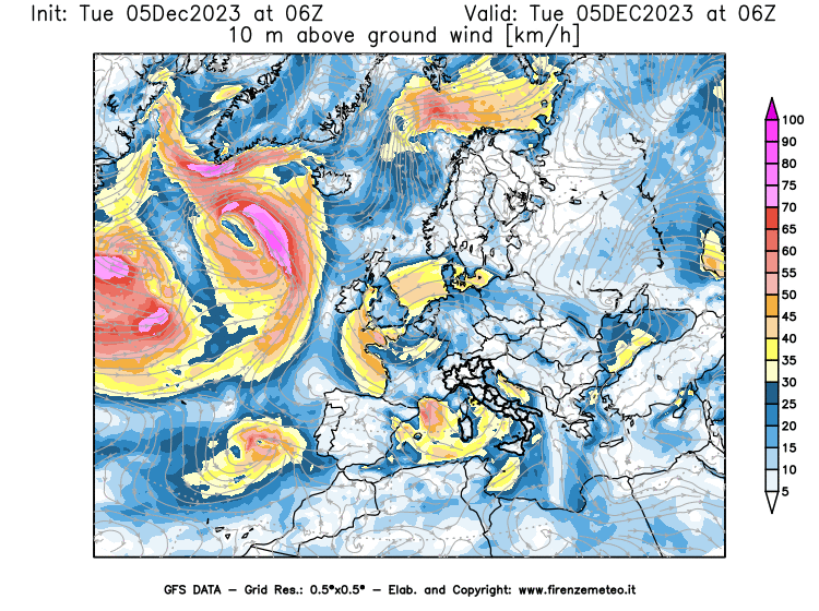 GFS analysi map - Wind Speed at 10 m above ground in Europe
									on December 5, 2023 H06