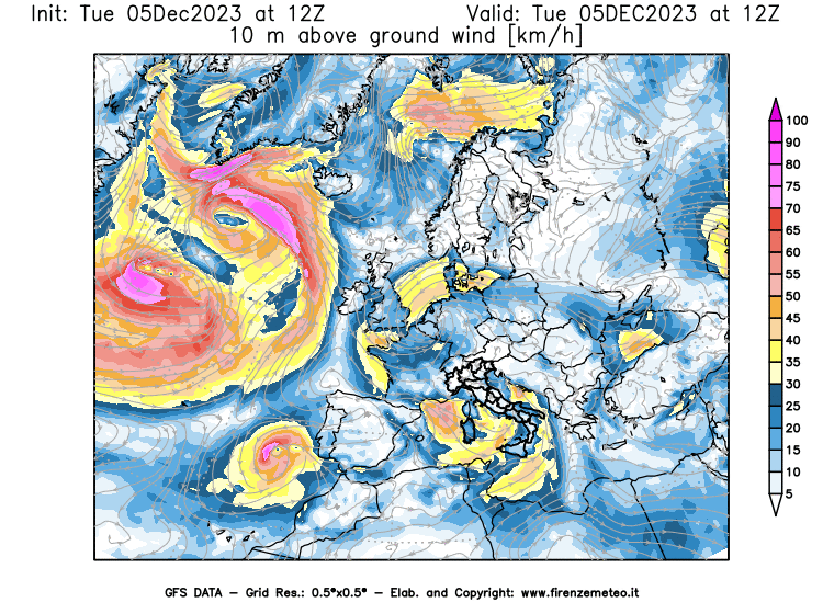 GFS analysi map - Wind Speed at 10 m above ground in Europe
									on December 5, 2023 H12
