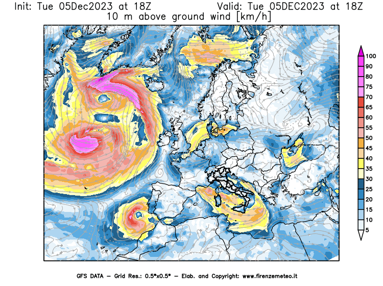 GFS analysi map - Wind Speed at 10 m above ground in Europe
									on December 5, 2023 H18