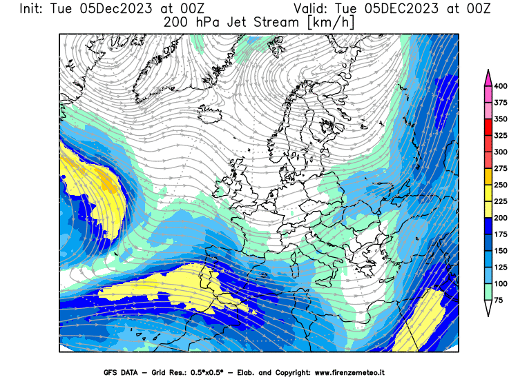 GFS analysi map - Jet Stream at 200 hPa in Europe
									on December 5, 2023 H00