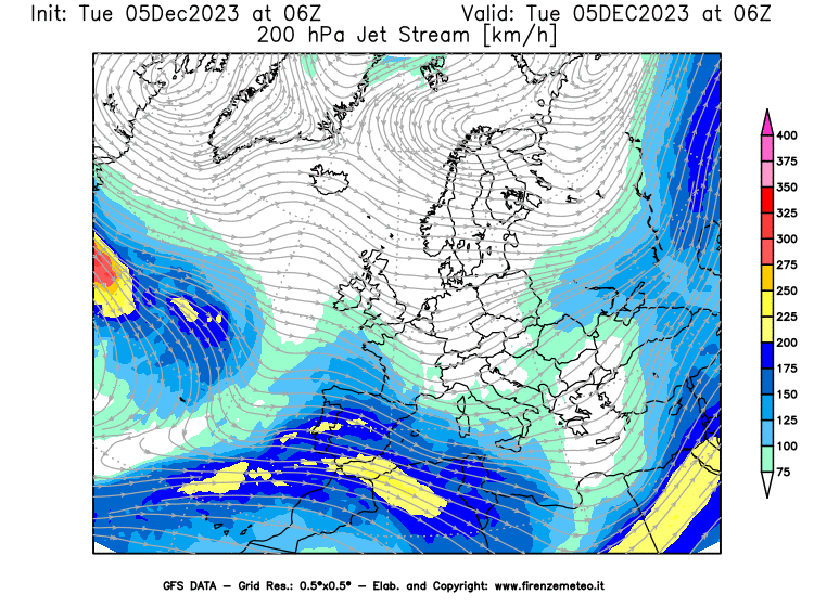 GFS analysi map - Jet Stream at 200 hPa in Europe
									on December 5, 2023 H06