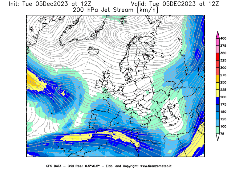 GFS analysi map - Jet Stream at 200 hPa in Europe
									on December 5, 2023 H12