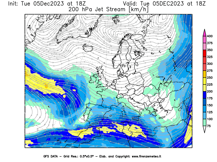 GFS analysi map - Jet Stream at 200 hPa in Europe
									on December 5, 2023 H18