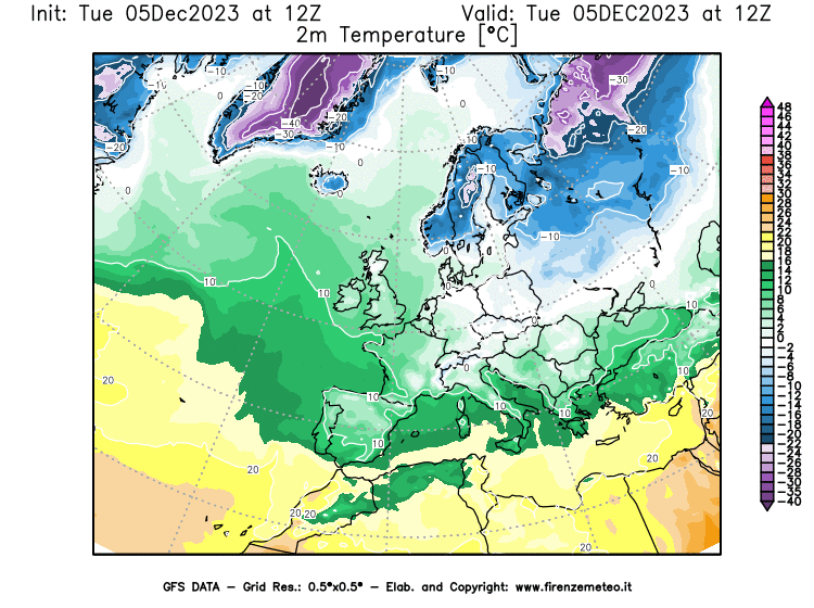GFS analysi map - Temperature at 2 m above ground in Europe
									on December 5, 2023 H12
