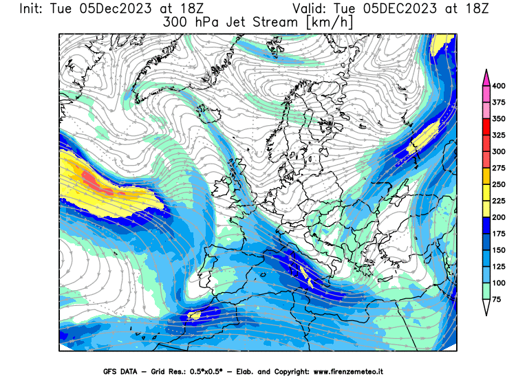 GFS analysi map - Jet Stream at 300 hPa in Europe
									on December 5, 2023 H18