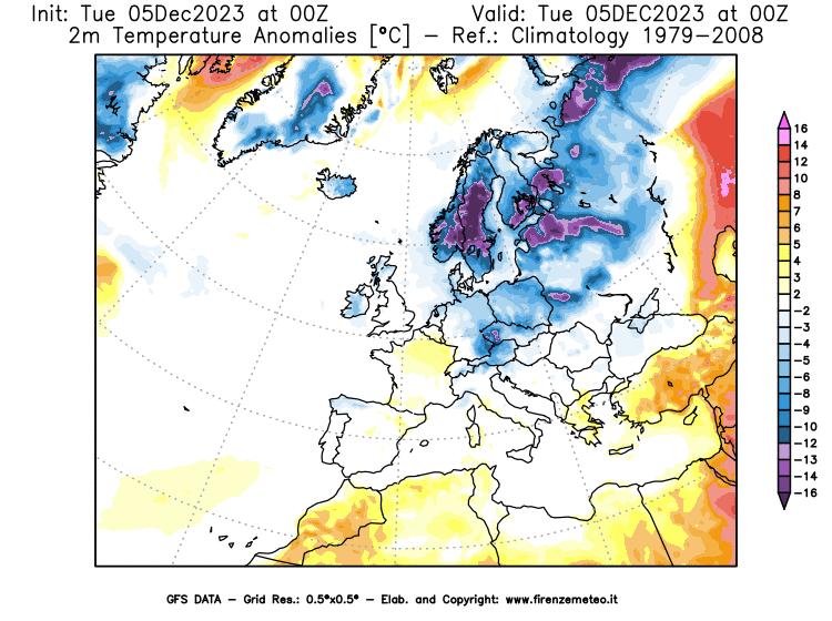 GFS analysi map - Temperature Anomalies at 2 m in Europe
									on December 5, 2023 H00