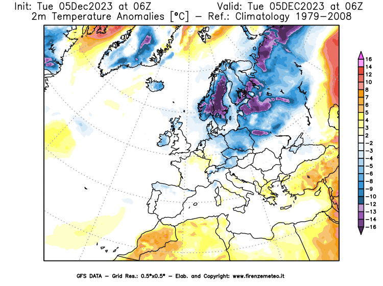 GFS analysi map - Temperature Anomalies at 2 m in Europe
									on December 5, 2023 H06