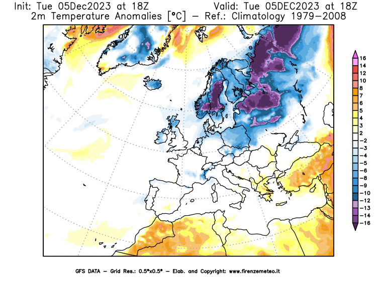 GFS analysi map - Temperature Anomalies at 2 m in Europe
									on December 5, 2023 H18