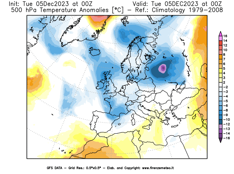 GFS analysi map - Temperature Anomalies at 500 hPa in Europe
									on December 5, 2023 H00