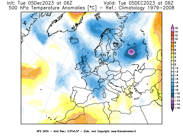 GFS analysi map - Temperature Anomalies at 500 hPa in Europe
									on December 5, 2023 H06