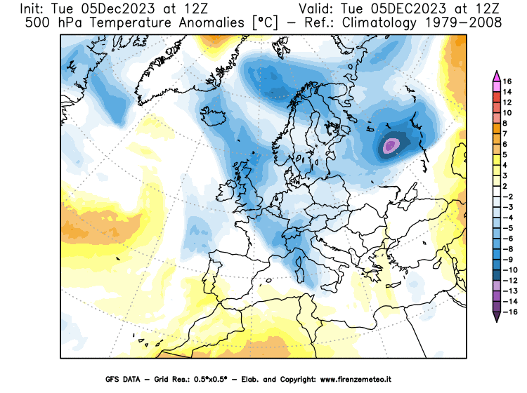 GFS analysi map - Temperature Anomalies at 500 hPa in Europe
									on December 5, 2023 H12