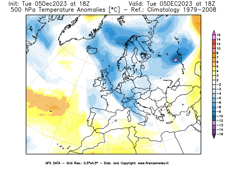 GFS analysi map - Temperature Anomalies at 500 hPa in Europe
									on December 5, 2023 H18