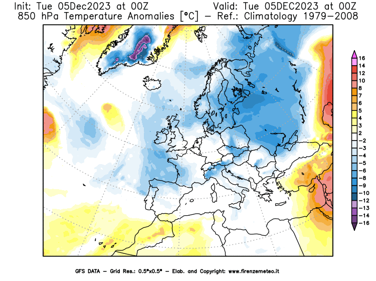 GFS analysi map - Temperature Anomalies at 850 hPa in Europe
									on December 5, 2023 H00