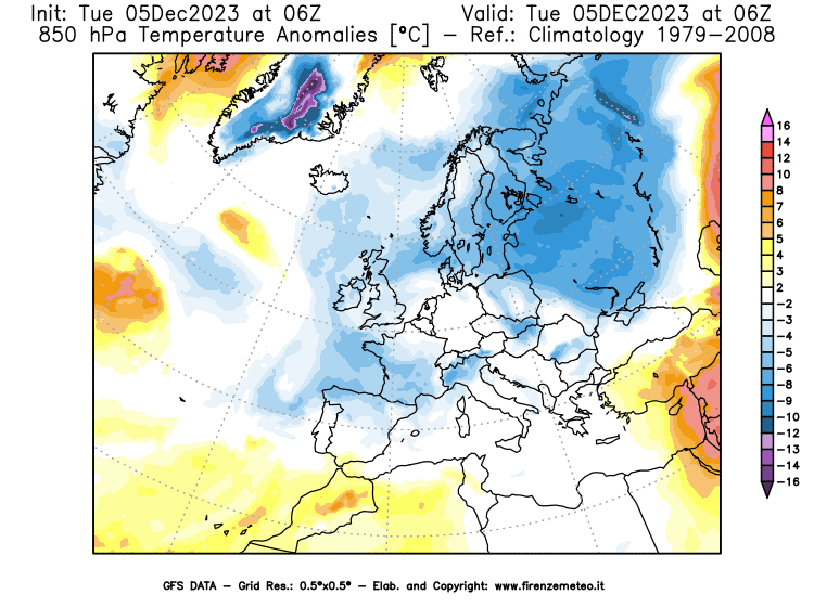 GFS analysi map - Temperature Anomalies at 850 hPa in Europe
									on December 5, 2023 H06