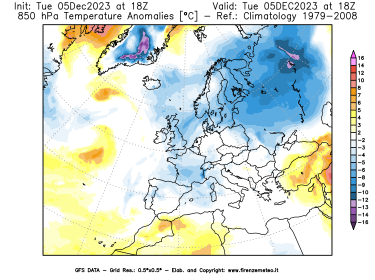 GFS analysi map - Temperature Anomalies at 850 hPa in Europe
									on December 5, 2023 H18
