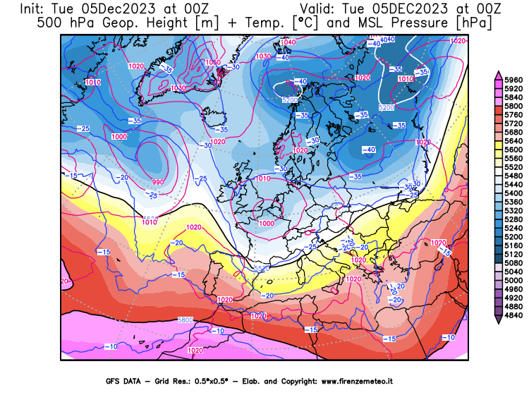 GFS analysi map - Geopotential + Temp. at 500 hPa + Sea Level Pressure in Europe
									on December 5, 2023 H00