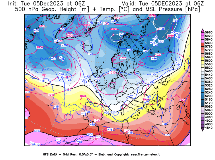 GFS analysi map - Geopotential + Temp. at 500 hPa + Sea Level Pressure in Europe
									on December 5, 2023 H06