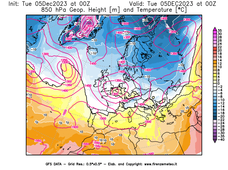 GFS analysi map - Geopotential and Temperature at 850 hPa in Europe
									on December 5, 2023 H00