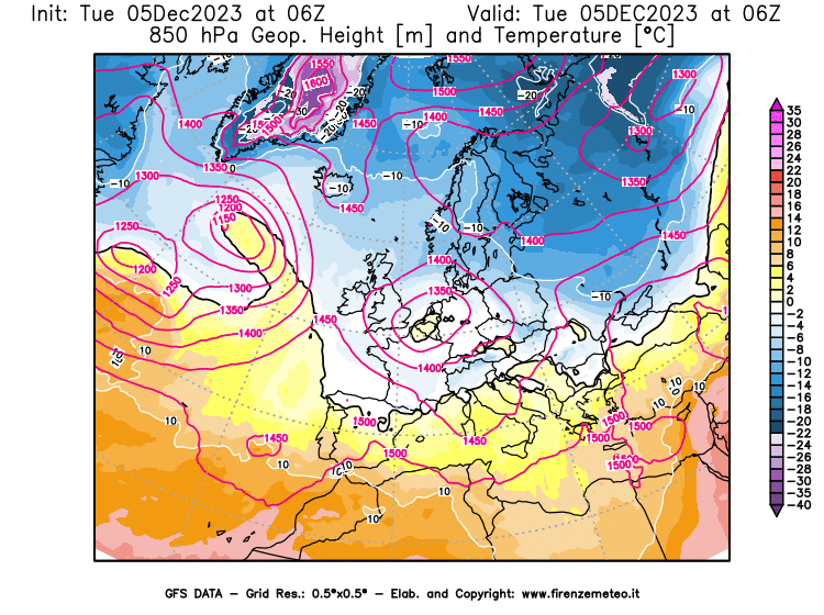 GFS analysi map - Geopotential and Temperature at 850 hPa in Europe
									on December 5, 2023 H06