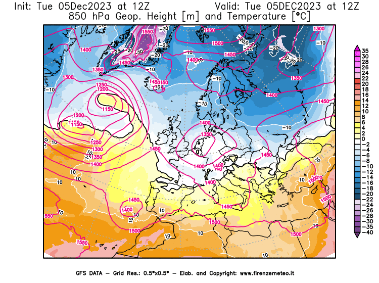 GFS analysi map - Geopotential and Temperature at 850 hPa in Europe
									on December 5, 2023 H12