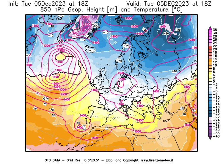 GFS analysi map - Geopotential and Temperature at 850 hPa in Europe
									on December 5, 2023 H18