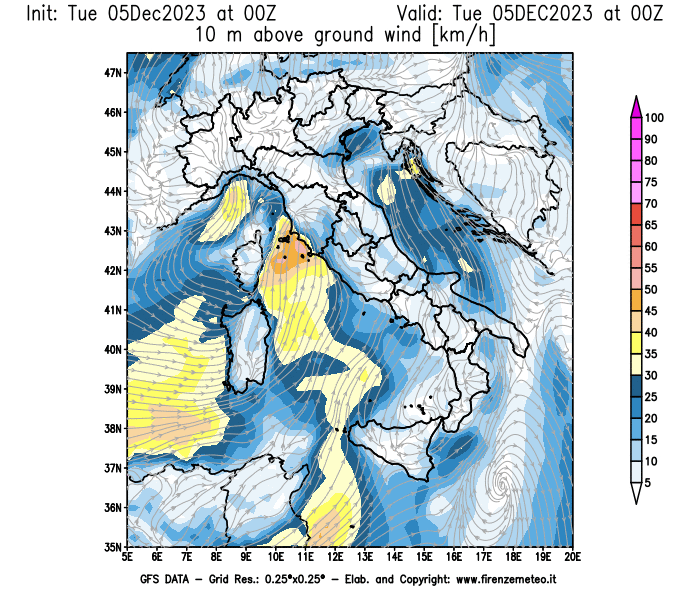 GFS analysi map - Wind Speed at 10 m above ground in Italy
									on December 5, 2023 H00