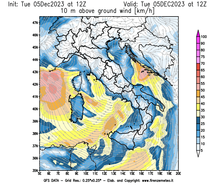 GFS analysi map - Wind Speed at 10 m above ground in Italy
									on December 5, 2023 H12