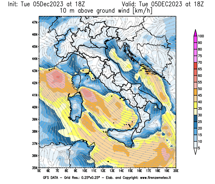 GFS analysi map - Wind Speed at 10 m above ground in Italy
									on December 5, 2023 H18