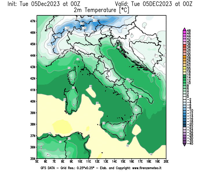 GFS analysi map - Temperature at 2 m above ground in Italy
									on December 5, 2023 H00