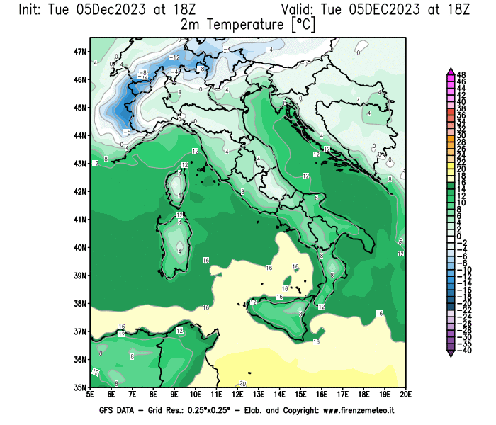 GFS analysi map - Temperature at 2 m above ground in Italy
									on December 5, 2023 H18