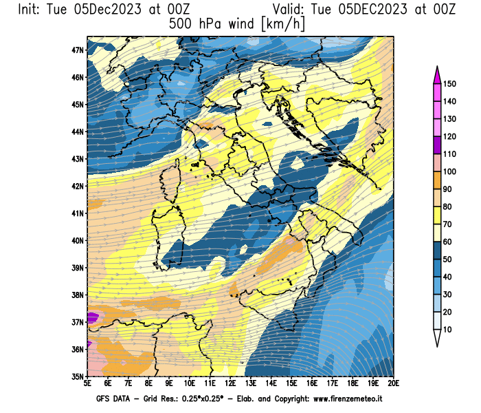 GFS analysi map - Wind Speed at 500 hPa in Italy
									on December 5, 2023 H00