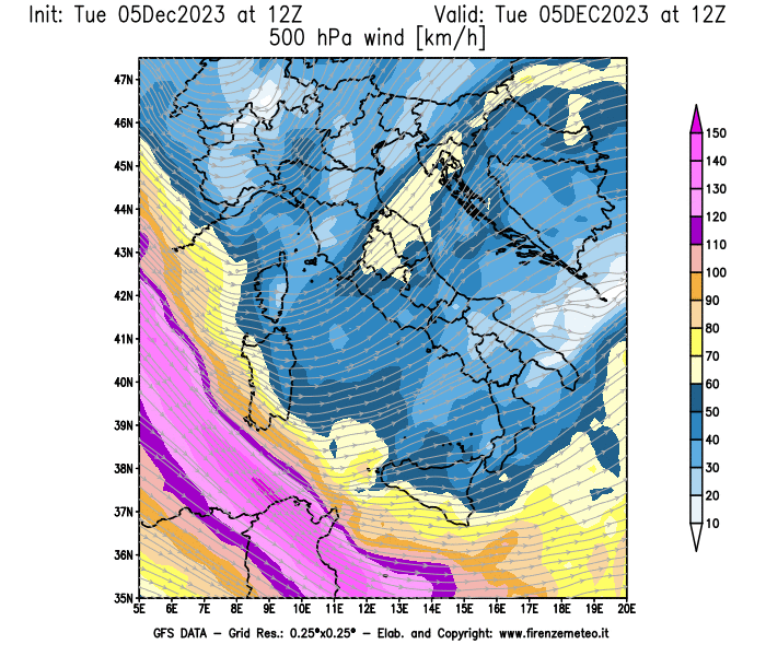 GFS analysi map - Wind Speed at 500 hPa in Italy
									on December 5, 2023 H12