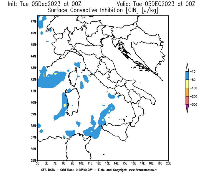 GFS analysi map - CIN in Italy
									on December 5, 2023 H00