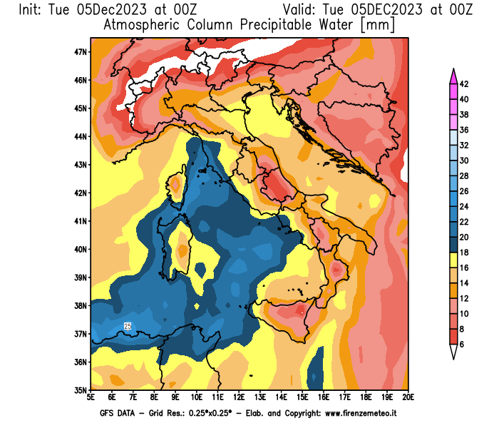 GFS analysi map - Precipitable Water in Italy
									on December 5, 2023 H00