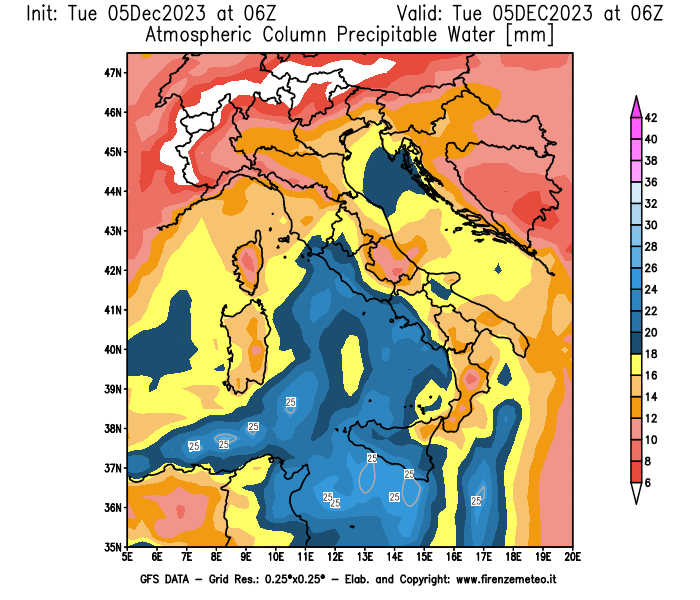 GFS analysi map - Precipitable Water in Italy
									on December 5, 2023 H06