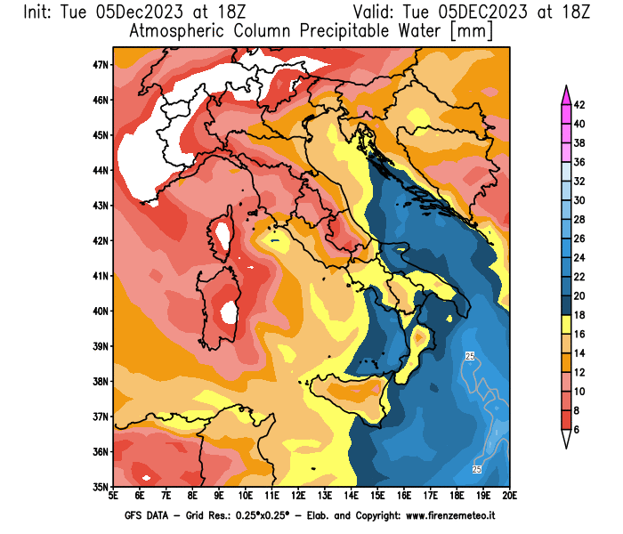 GFS analysi map - Precipitable Water in Italy
									on December 5, 2023 H18