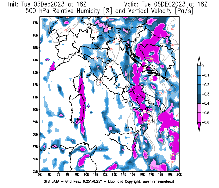 GFS analysi map - Relative Umidity and Omega sat 500 hPa in Italy
									on December 5, 2023 H18
