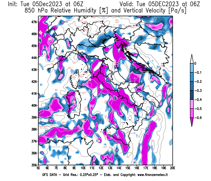GFS analysi map - Relative Umidity and Omega at 850 hPa in Italy
									on December 5, 2023 H06