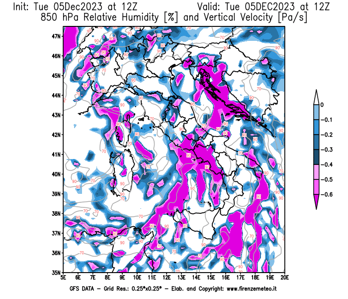 GFS analysi map - Relative Umidity and Omega at 850 hPa in Italy
									on December 5, 2023 H12