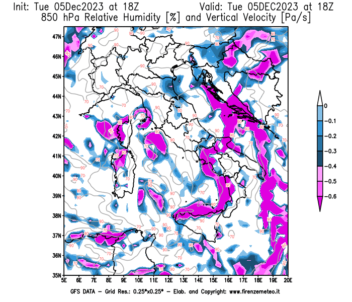 GFS analysi map - Relative Umidity and Omega at 850 hPa in Italy
									on December 5, 2023 H18