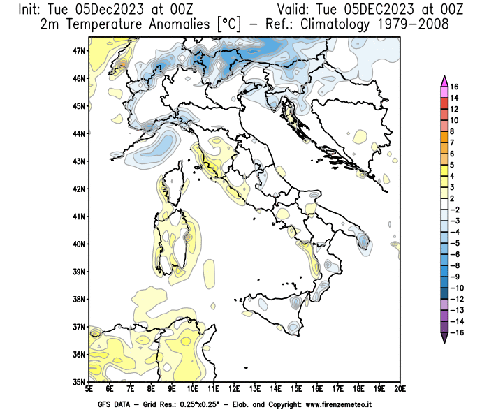 GFS analysi map - Temperature Anomalies at 2 m in Italy
									on December 5, 2023 H00