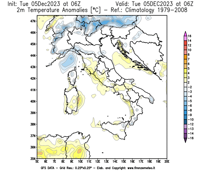 GFS analysi map - Temperature Anomalies at 2 m in Italy
									on December 5, 2023 H06