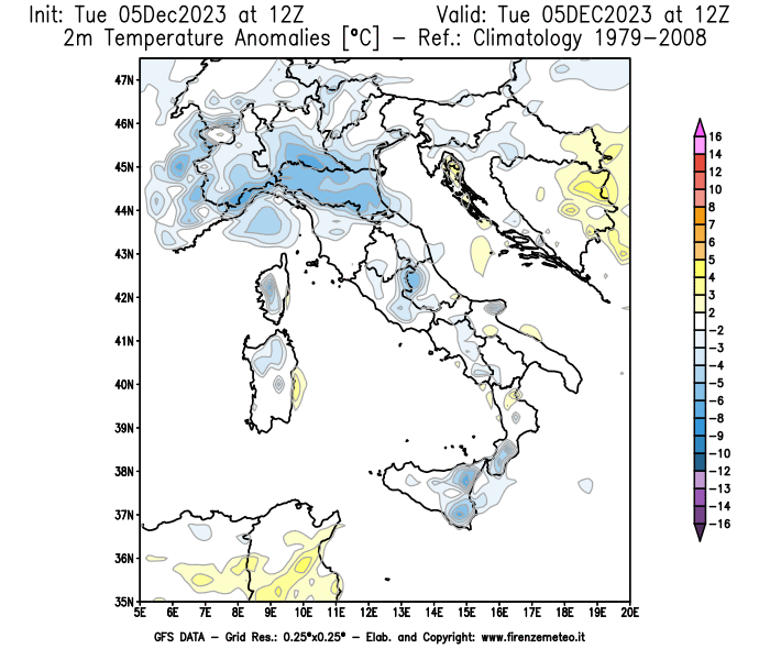 GFS analysi map - Temperature Anomalies at 2 m in Italy
									on December 5, 2023 H12